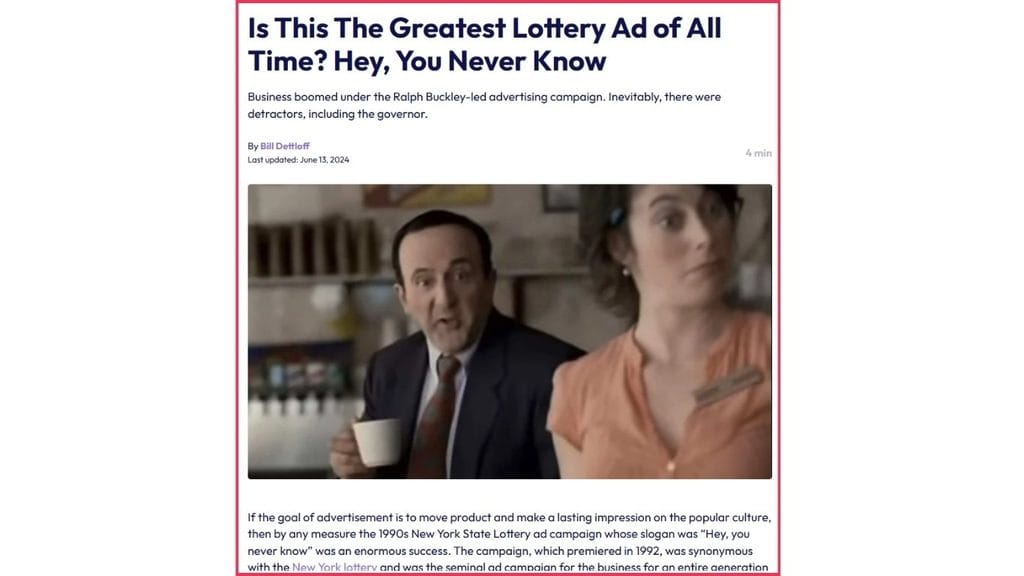 Ad copywriting sample referencing the New York Lottery's classic "Hey, You Never Know" campaign