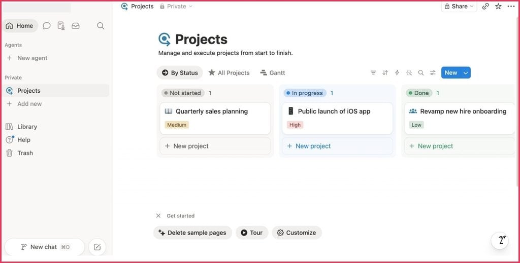 Notion Projects board with Not Started, In Progress, and Done columns, one project card in each.