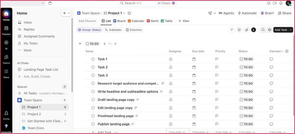 ClickUp List view of Project 1 showing To Do tasks with assignee, due date, priority, and status columns.