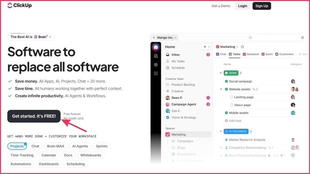 ClickUp vs Notion: ClickUp homepage tagline "Software to replace all software" with a "Get started. It's FREE!" button.