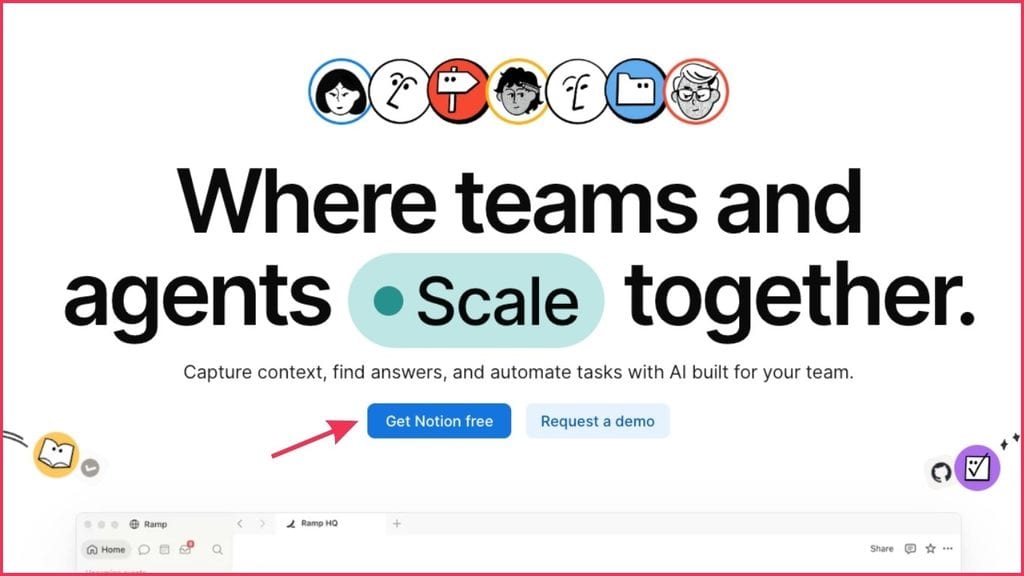 ClickUp vs Notion: Notion homepage headline "Where teams and agents Scale together" with a "Get Notion free" button.
