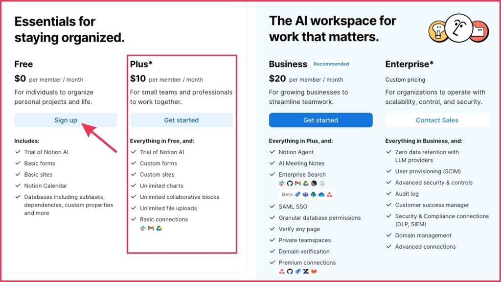 ClickUp vs Notion: ClickUp pricing table comparing Free Forever, Unlimited ($7), Business ($12), and Enterprise plans.