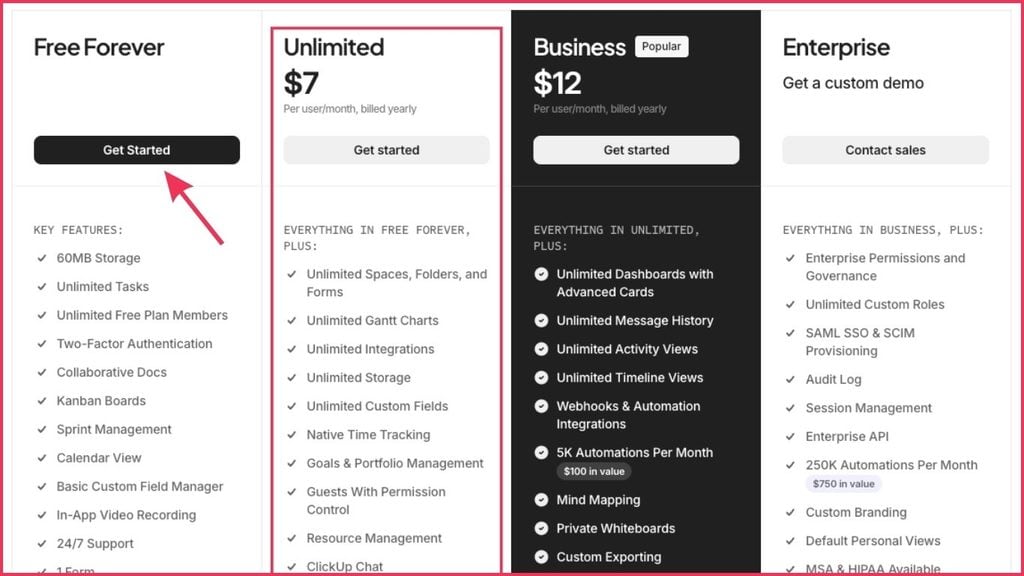 Notion pricing table comparing Free, Plus ($10), Business ($20), and Enterprise plans.
