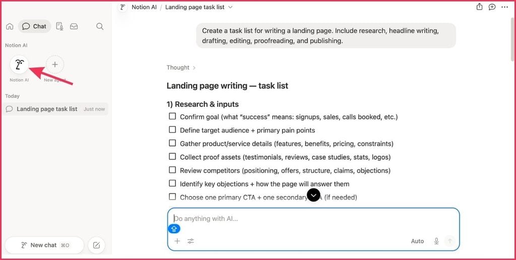ClickUp vs Notion: Notion AI dashboard with sample chat generating a landing page task list organized under a "Research & inputs" checklist.