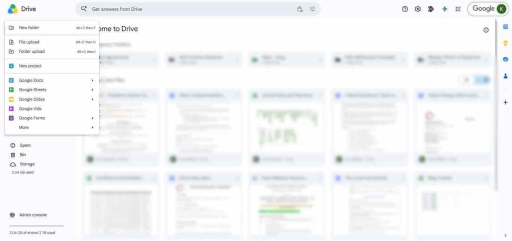 Google Drive file storage dashboard