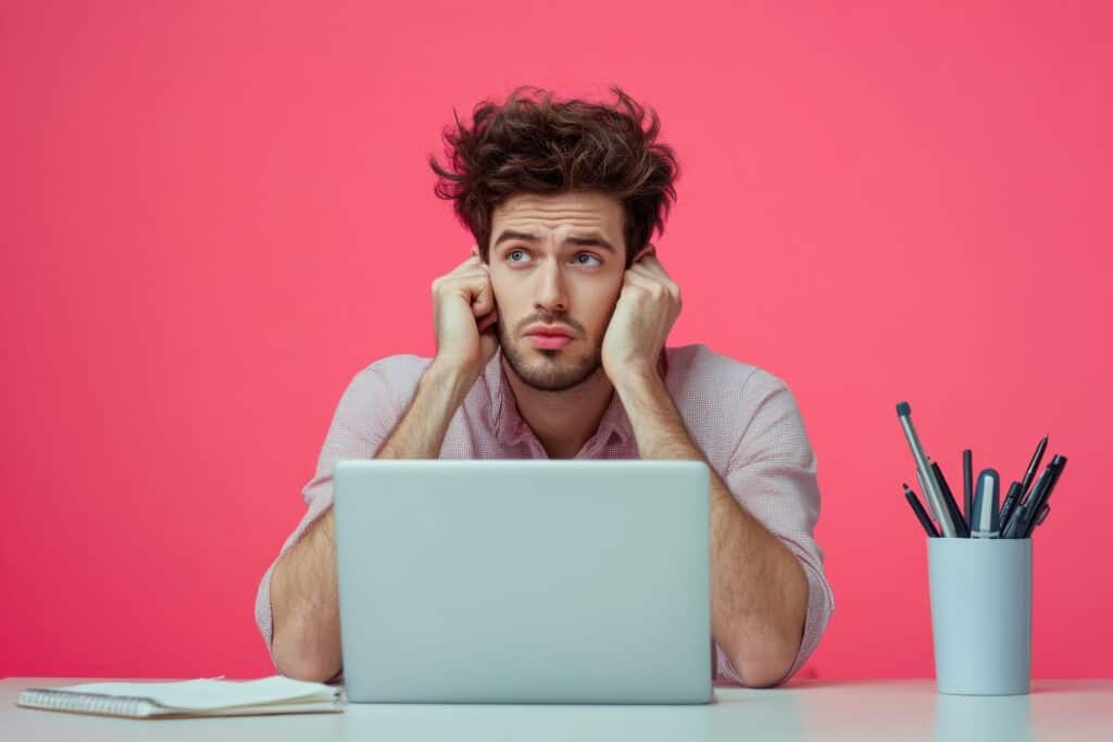 What Freelance Work Can I Do From Home: Man sitting in front of laptop overthinking