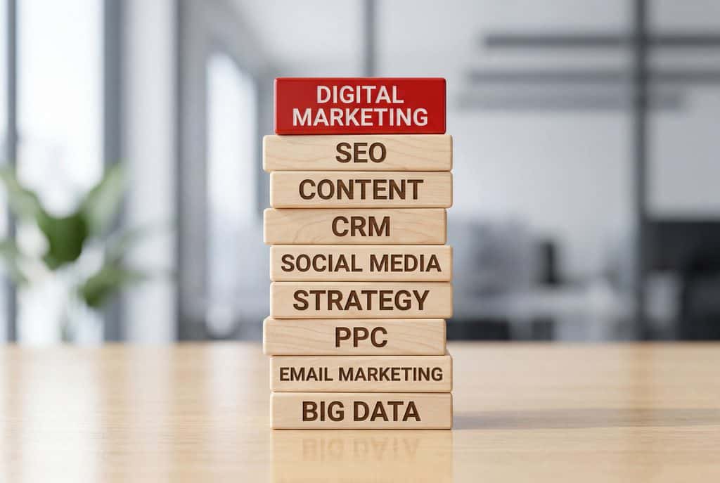Digital Marketing Strategy Course: wooden blocks with printed marketing strategy terms