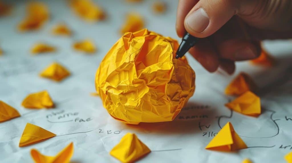 How To Create Digital Marketing Strategy: crumpled up paper and a hand holding a pen, deciding on strategy