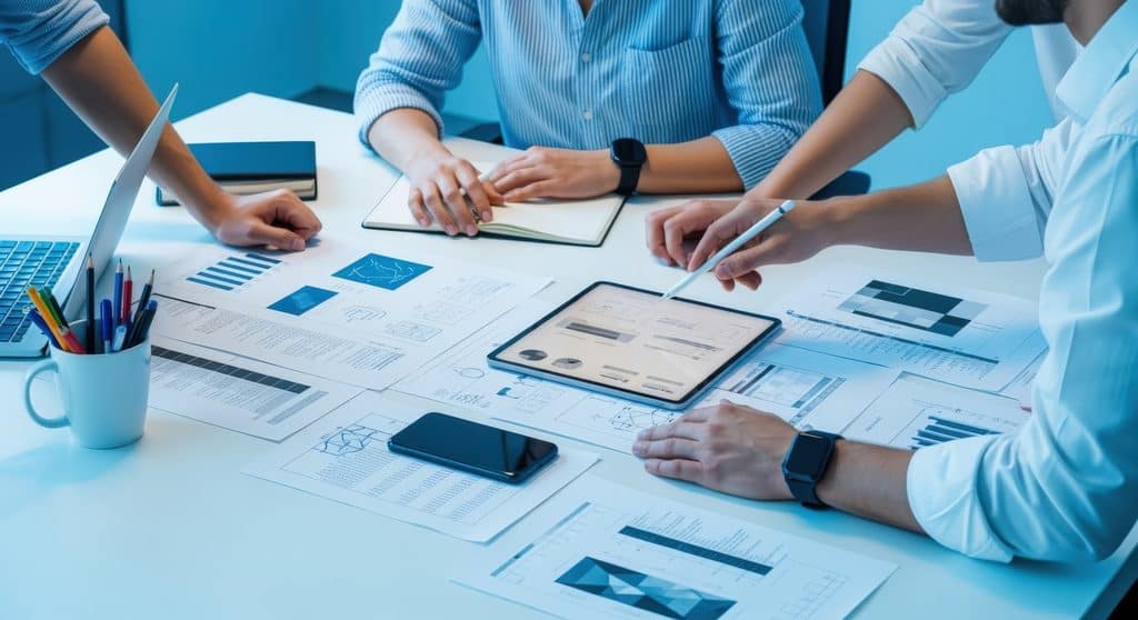 Digital Marketing Strategy Template: A team of people at a desk getting their strategy together