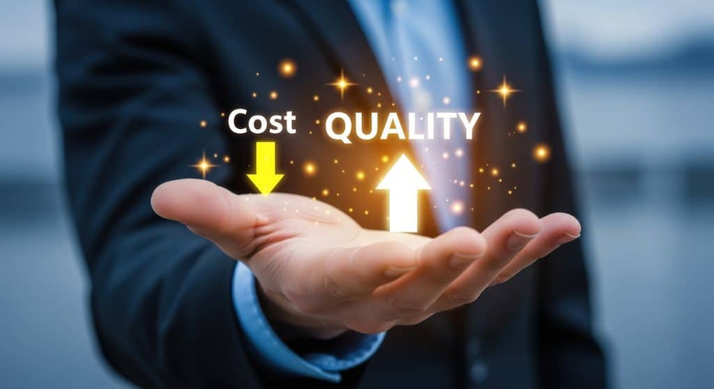 Digital Marketing Strategy Course: Man holding out his hand showing either lower cost or higher quality