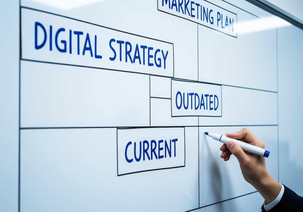 Digital Marketing Strategy Course: Hand drawing a flowchart on a whiteboard, outlining a digital strategy and marketing plan with sections for current and outdated concepts.