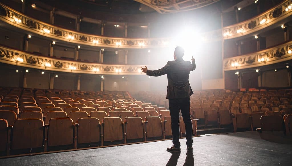How To Create Digital Marketing Strategy: Man Speaking to empty seats in an opera house, with no audience
