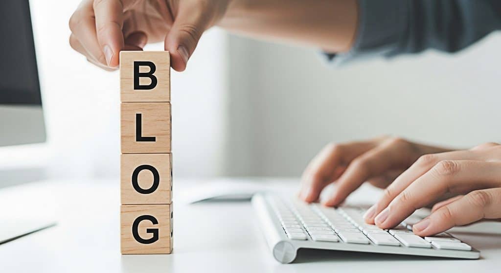 Easiest freelance jobs: Blocks of showing word BLOG and person typing a blog