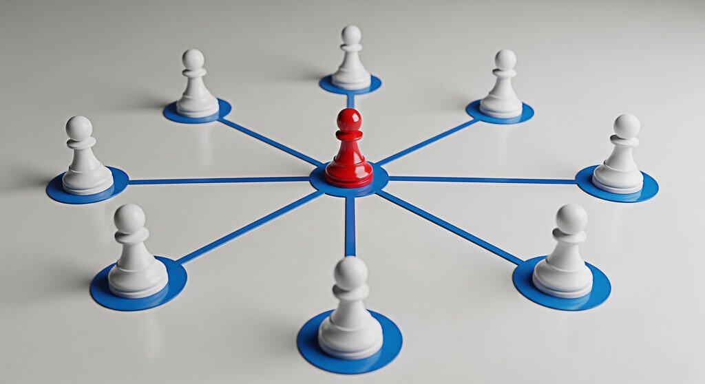 Digital Marketing Strategy Template: 1 red pawn utilising 8 pawns for strategy