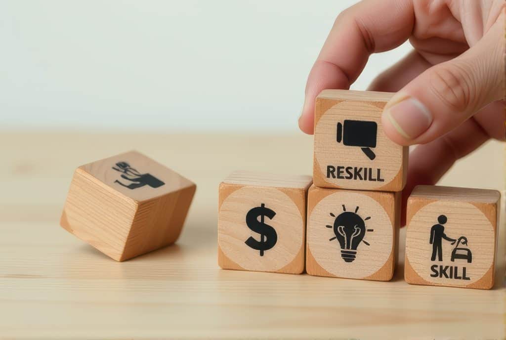 How to start freelancing from home: wooden blocks showing reskilling and upskilling and making money from it!