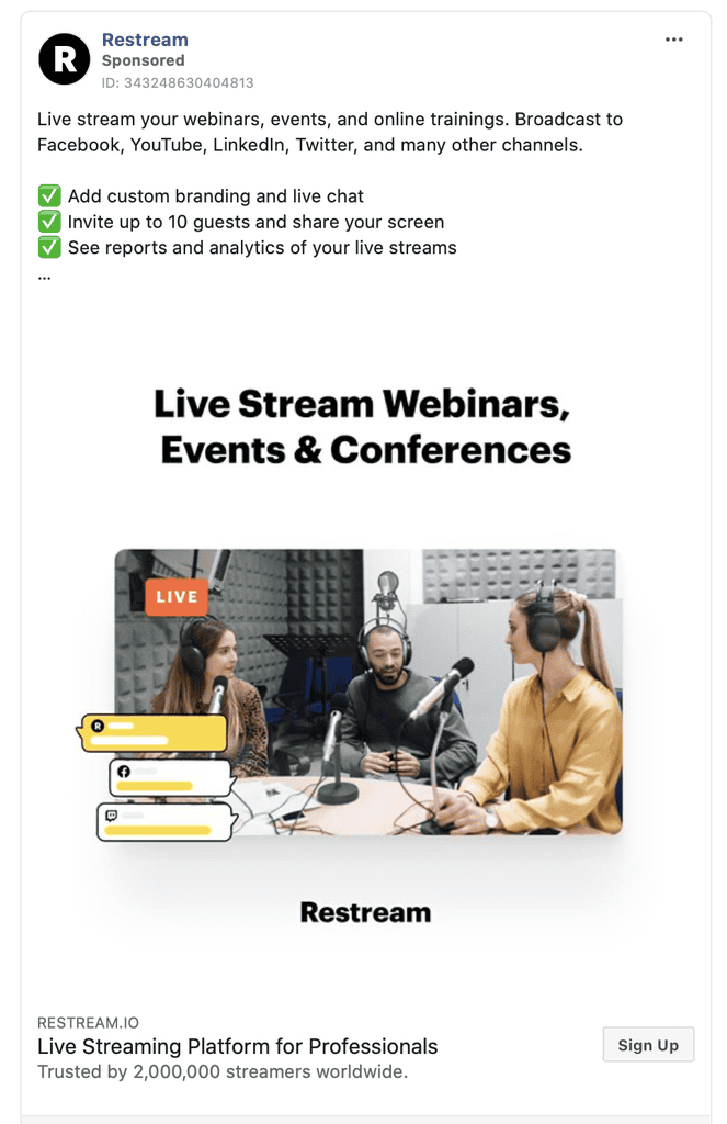 Restream's ad leads with its features