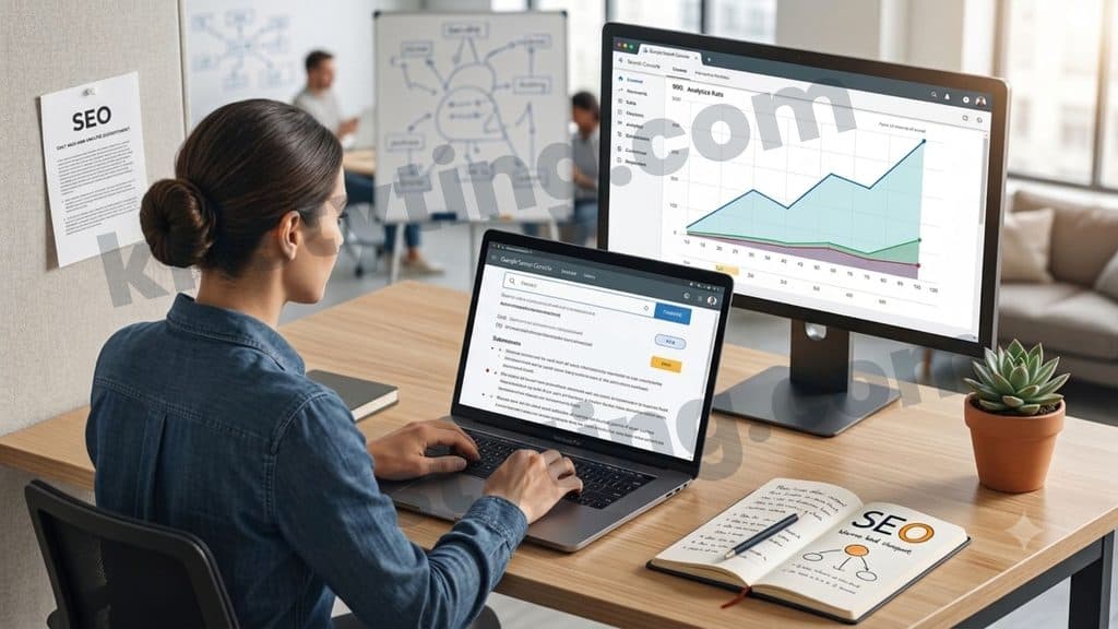 Content writer creating SEO articles while analyzing search performance and keyword data.