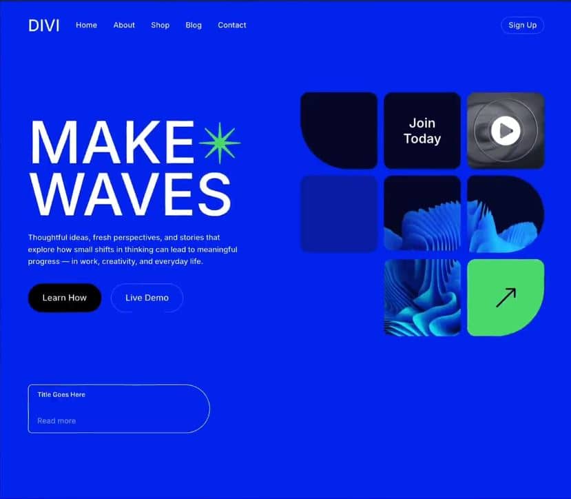 Divi WordPress theme website showing its visual page builder and customizable website designs