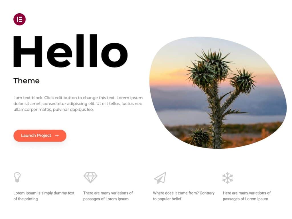 Hello Elementor WordPress theme page showing the lightweight theme for Elementor websites