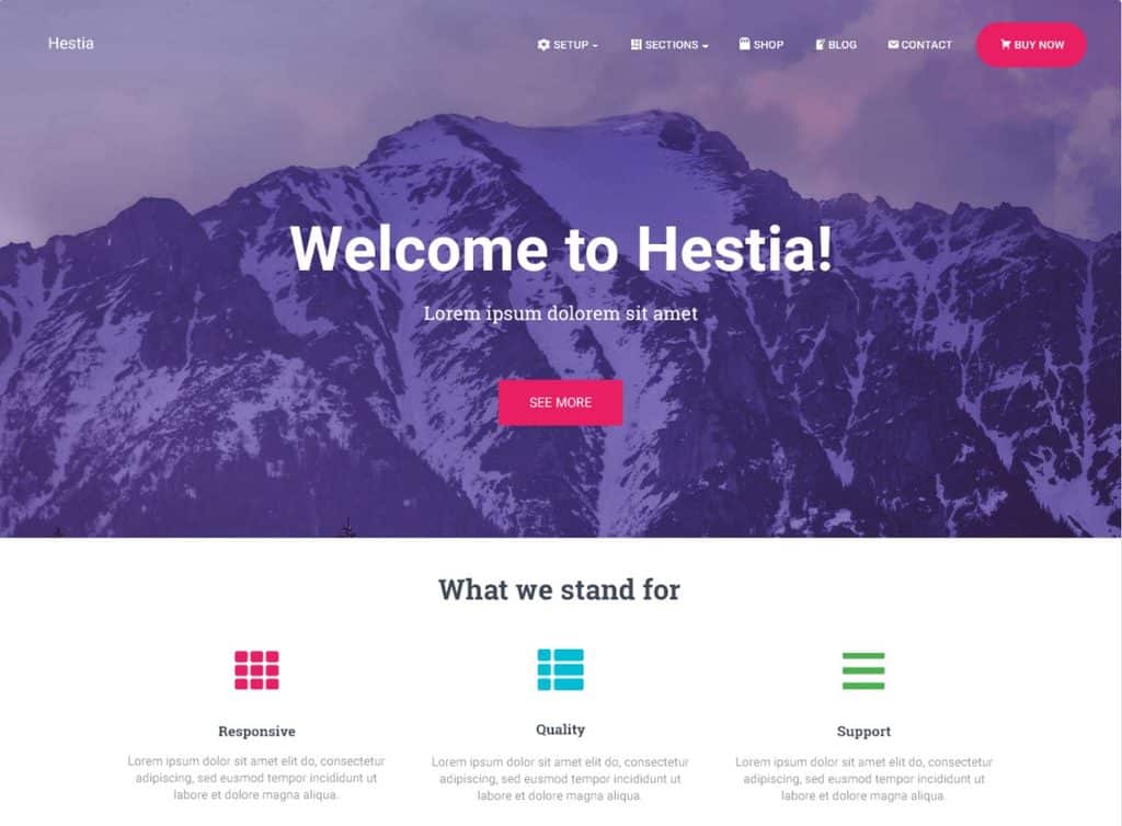 Hestia WordPress theme page showing its modern design for blogs and business websites