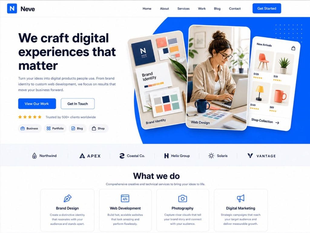 Neve WordPress theme website showing its modern website templates and design options