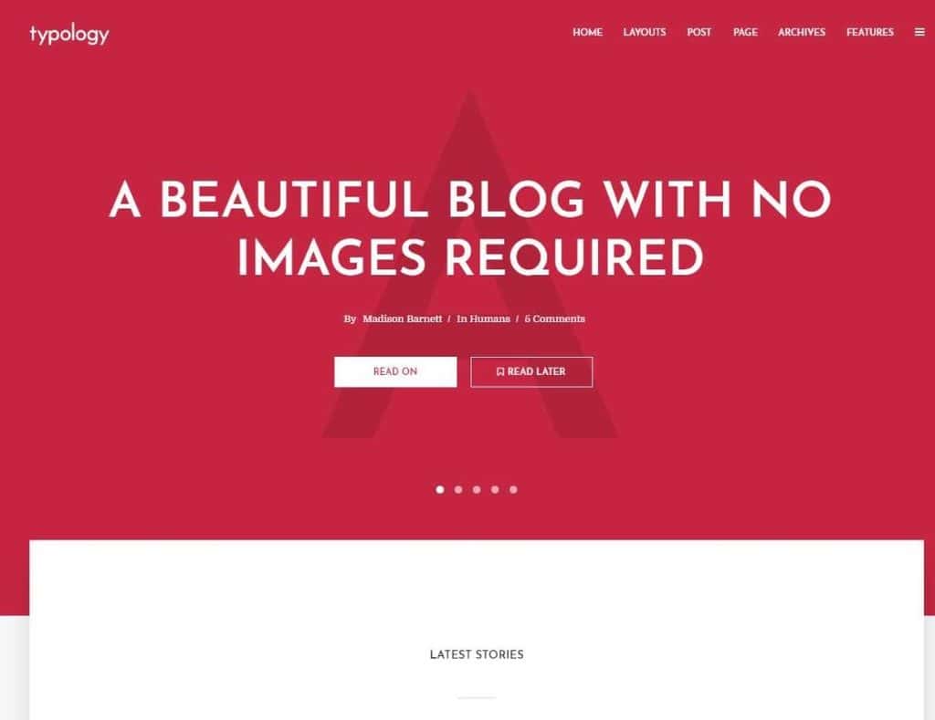Typology WordPress theme website showing its clean text-focused blog design