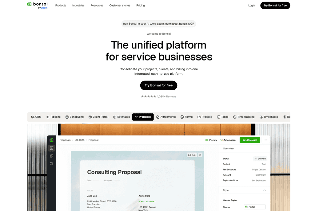 Bonsai homepage showing its all-in-one platform with CRM, proposals, and invoicing