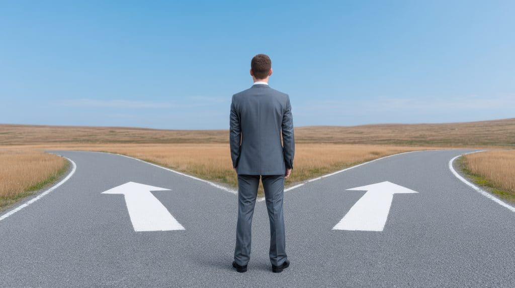 Businessman choosing between two different paths