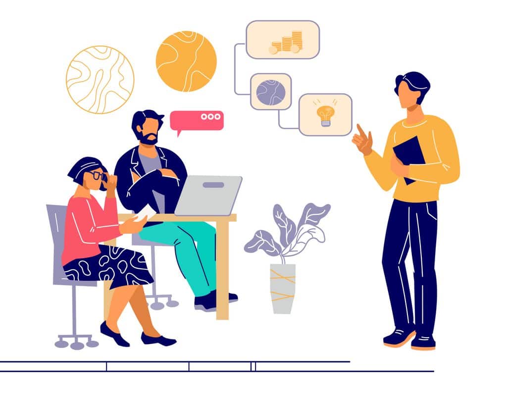 Flat illustration of a consultant presenting pricing and ideas with coins and a lightbulb to two seated clients