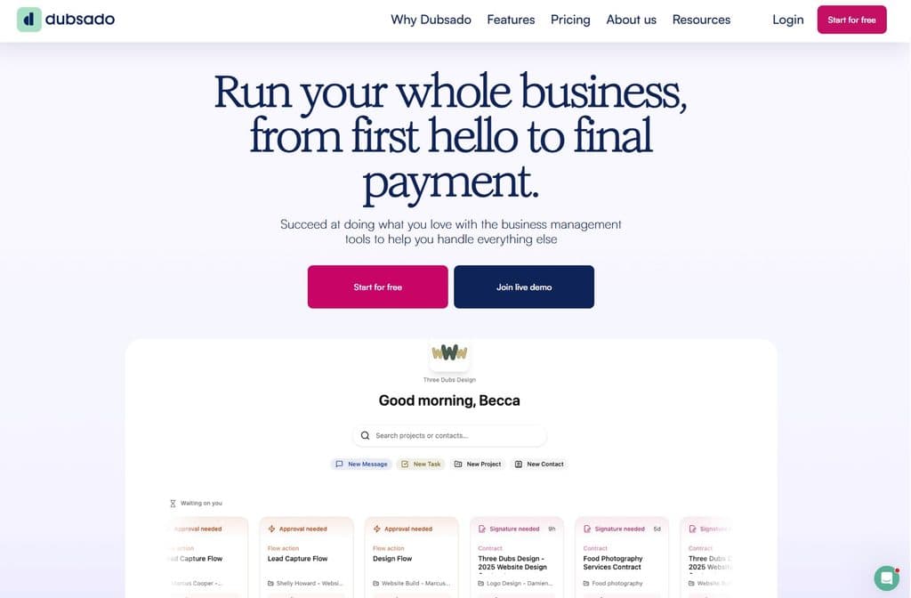 Dubsado homepage showing a preview of its client management dashboard and project workflows