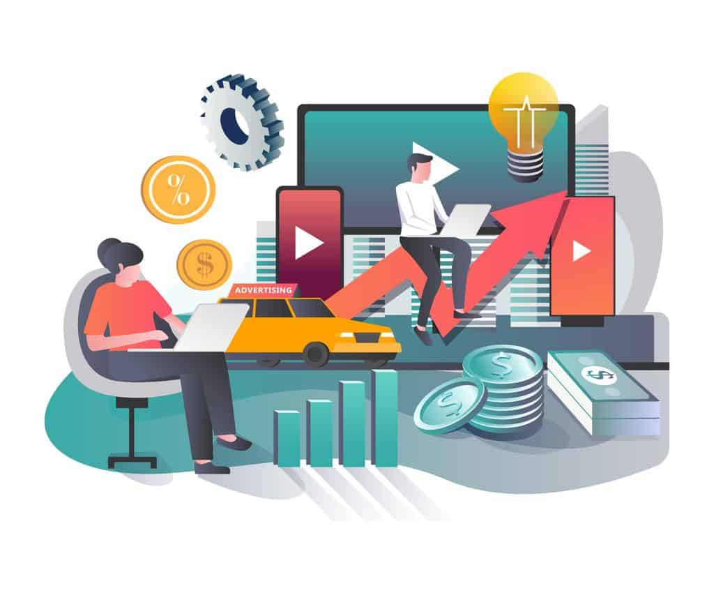 Illustration of people earning from multiple digital revenue channels with charts, coins, and cash