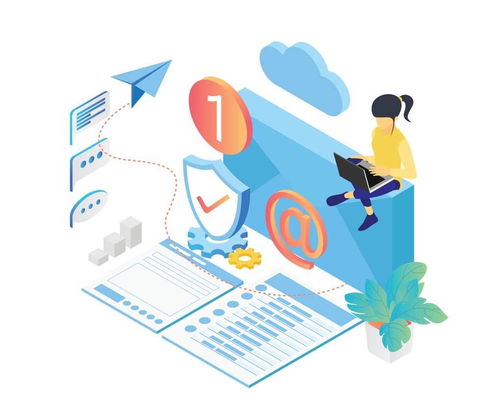 Isometric illustration of blogging for beginners client outreach through email and messaging