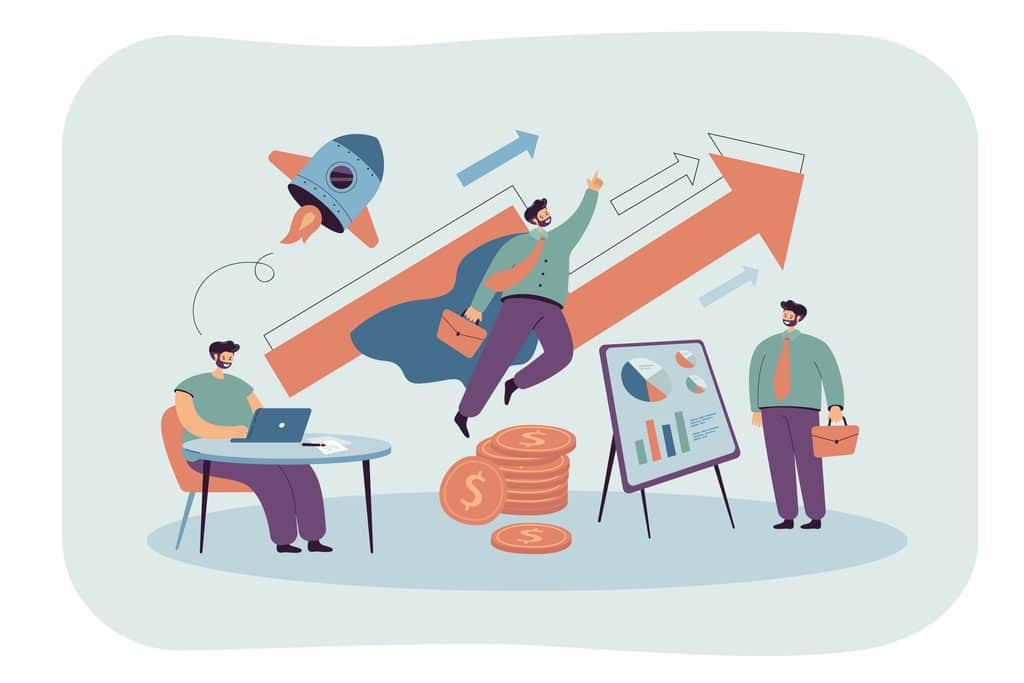 Flat illustration of a businessman flying up a rising growth arrow past charts and coins