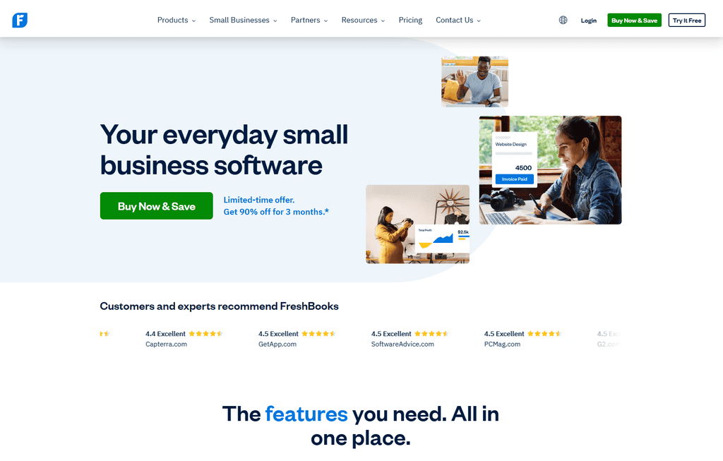 FreshBooks homepage showing small business invoicing and accounting features