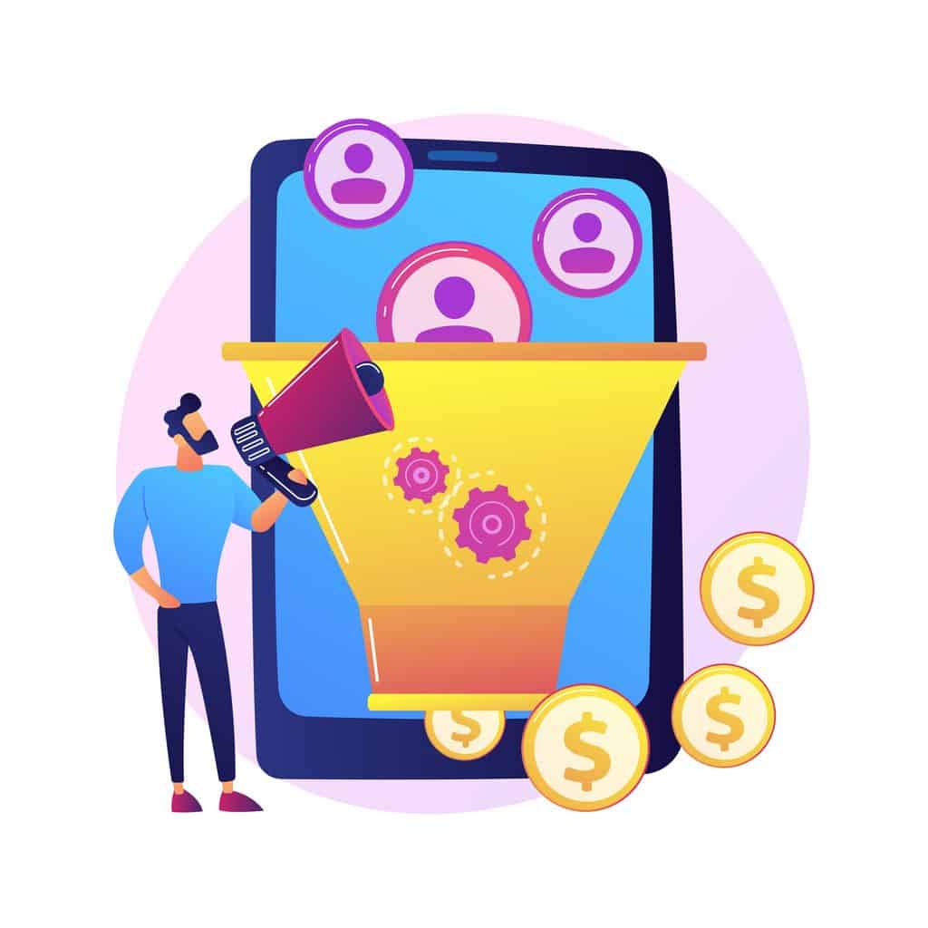 Flat illustration of a beginner guide to sales funnels showing leads filtered through a funnel into dollars
