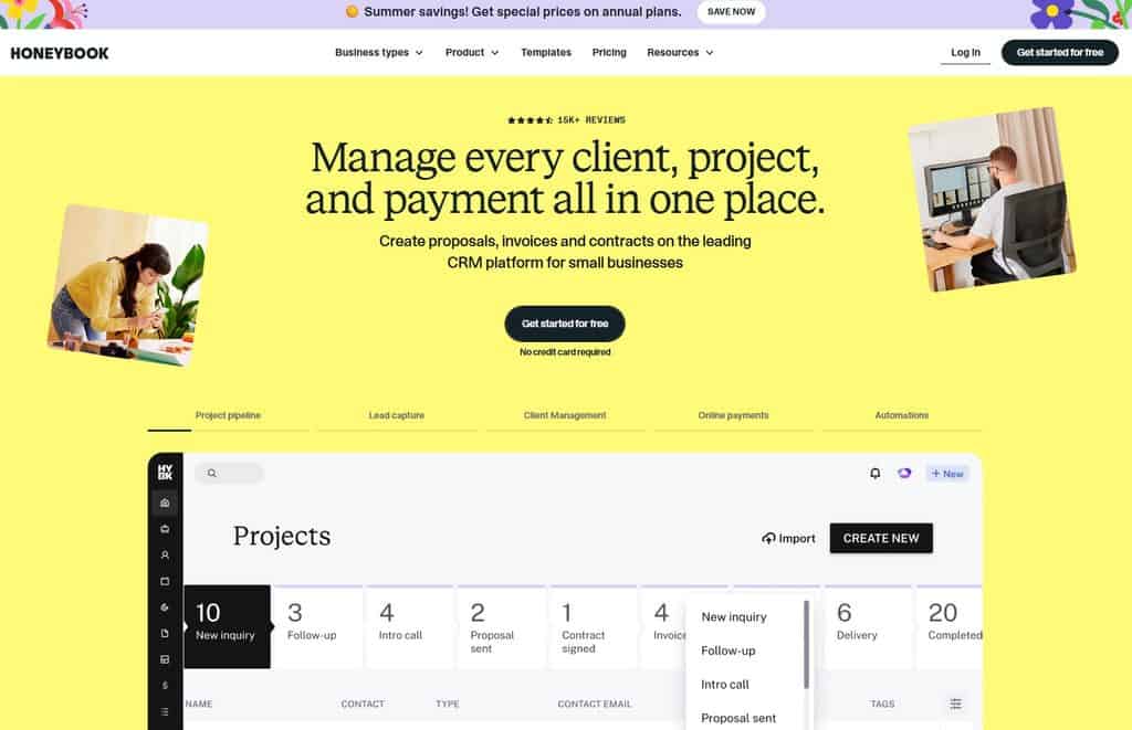 HoneyBook homepage showing its project pipeline and client management dashboard