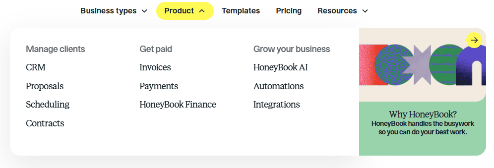 HoneyBook product menu listing CRM, proposals, scheduling, contracts, invoices, payments, and automations