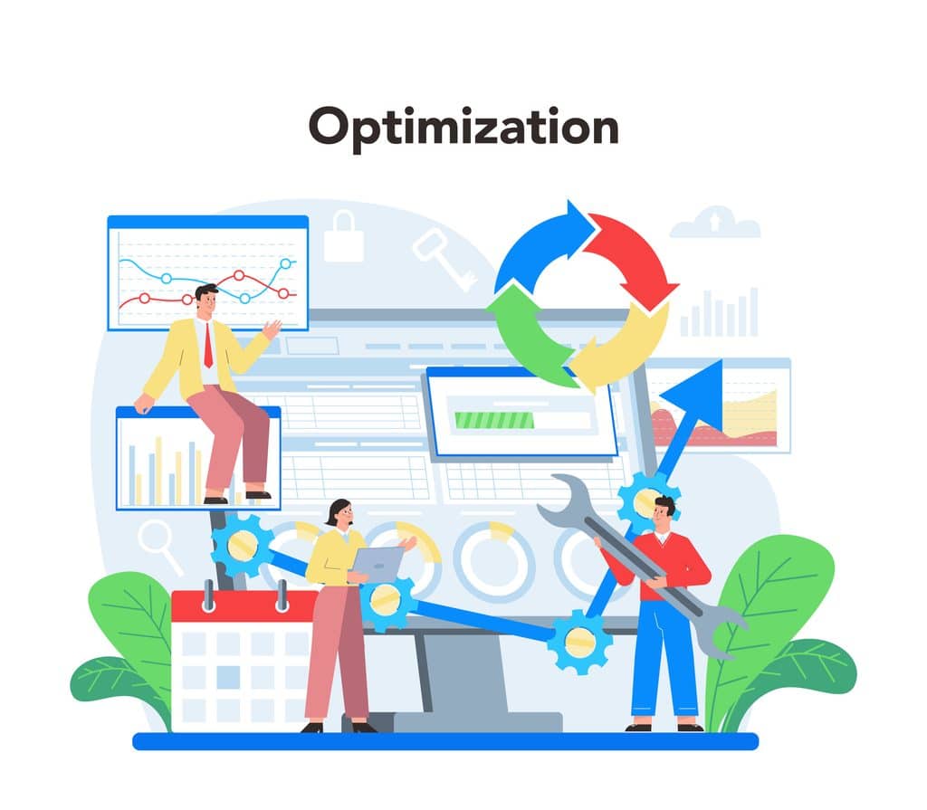 Flat illustration of a team optimizing website performance with gears, charts, and dashboards