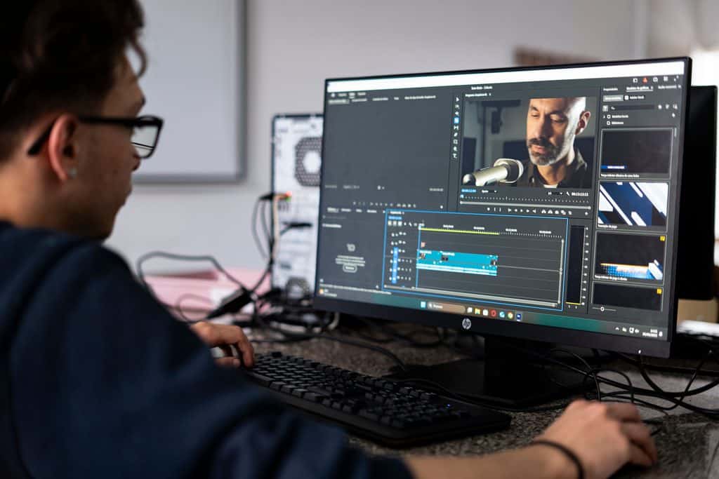 Picture shows a man doing sound and video editing on a computer as a freelancer