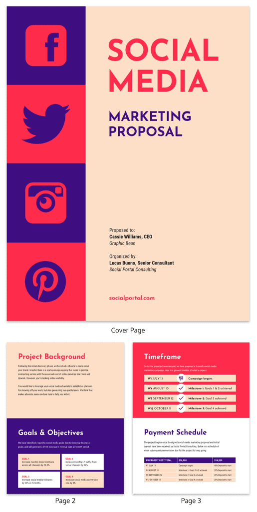 Social media marketing proposal template showing cover page, project background, timeframe, and payment schedule