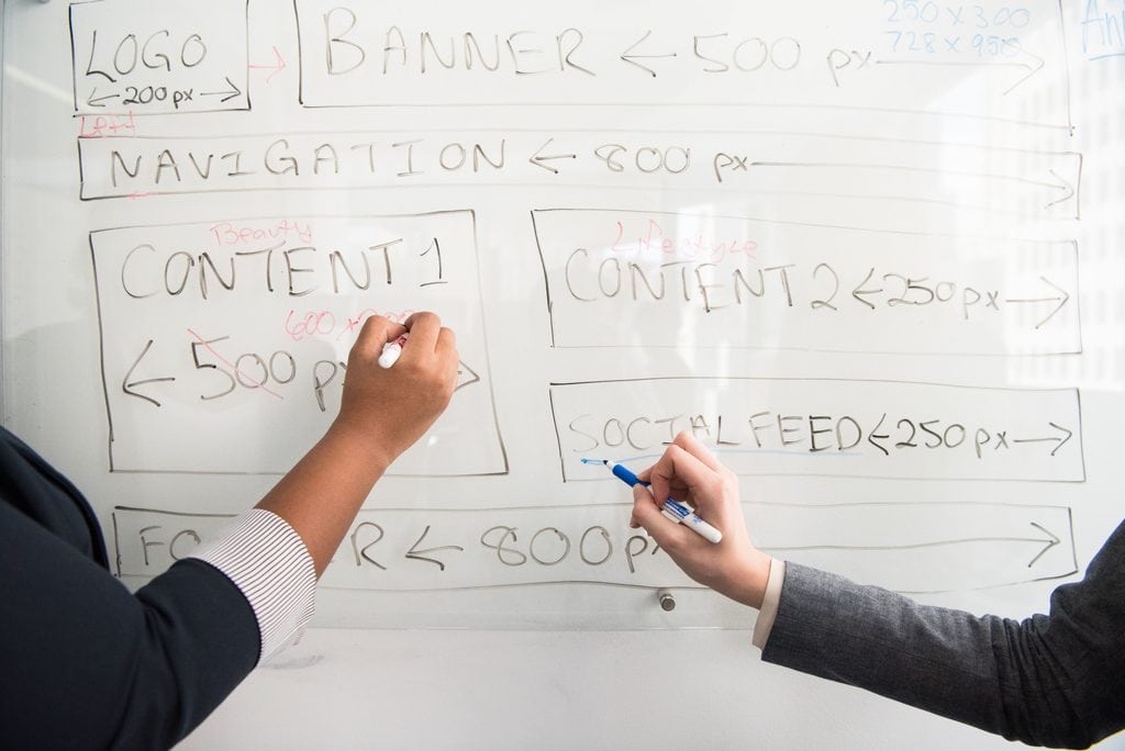 Two people sketching a website and content layout on a whiteboard with dimensions