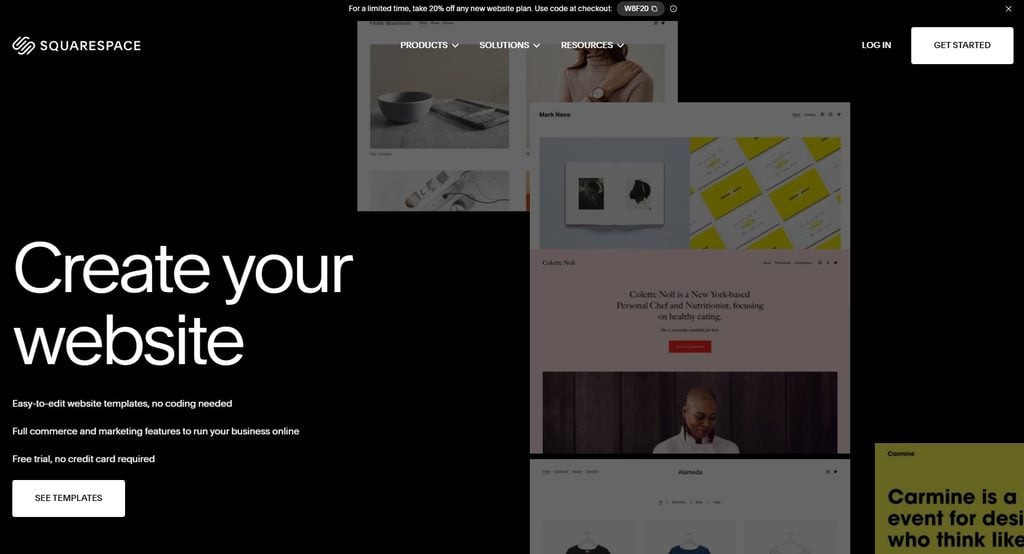 Squarespace homepage displaying portfolio-style website templates for creative professionals