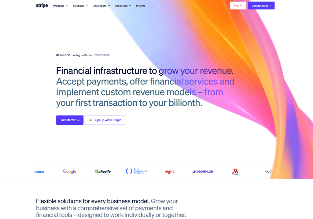 Stripe homepage highlighting payment and financial infrastructure tools