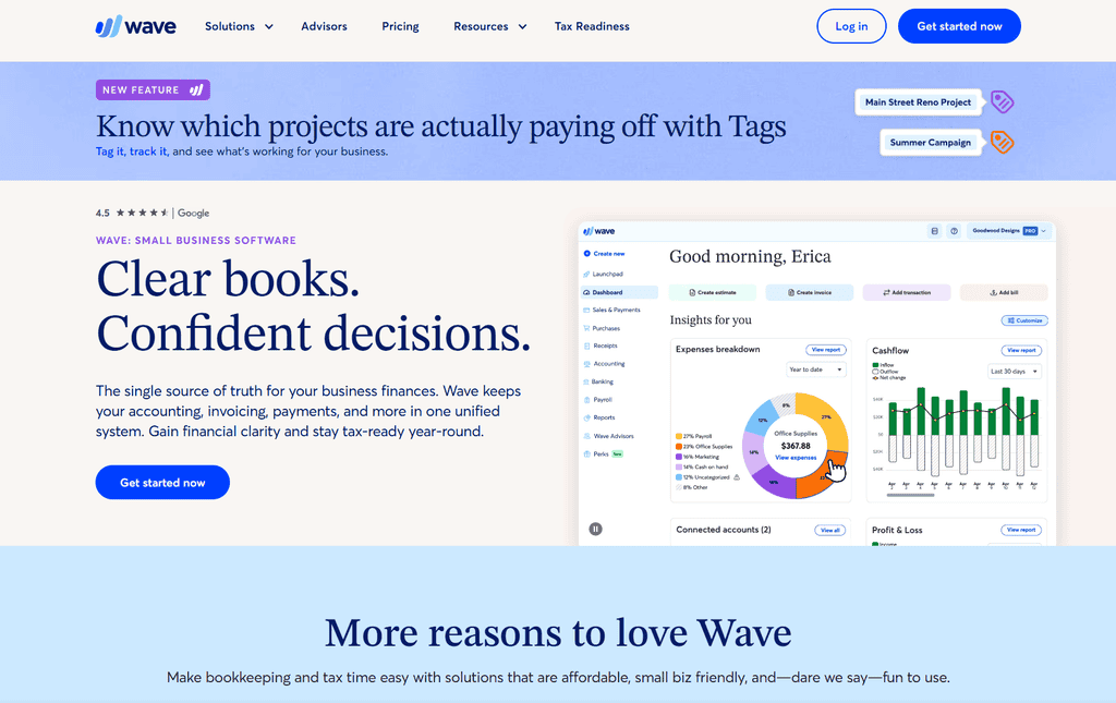 Wave homepage showing its free invoicing and accounting dashboard
