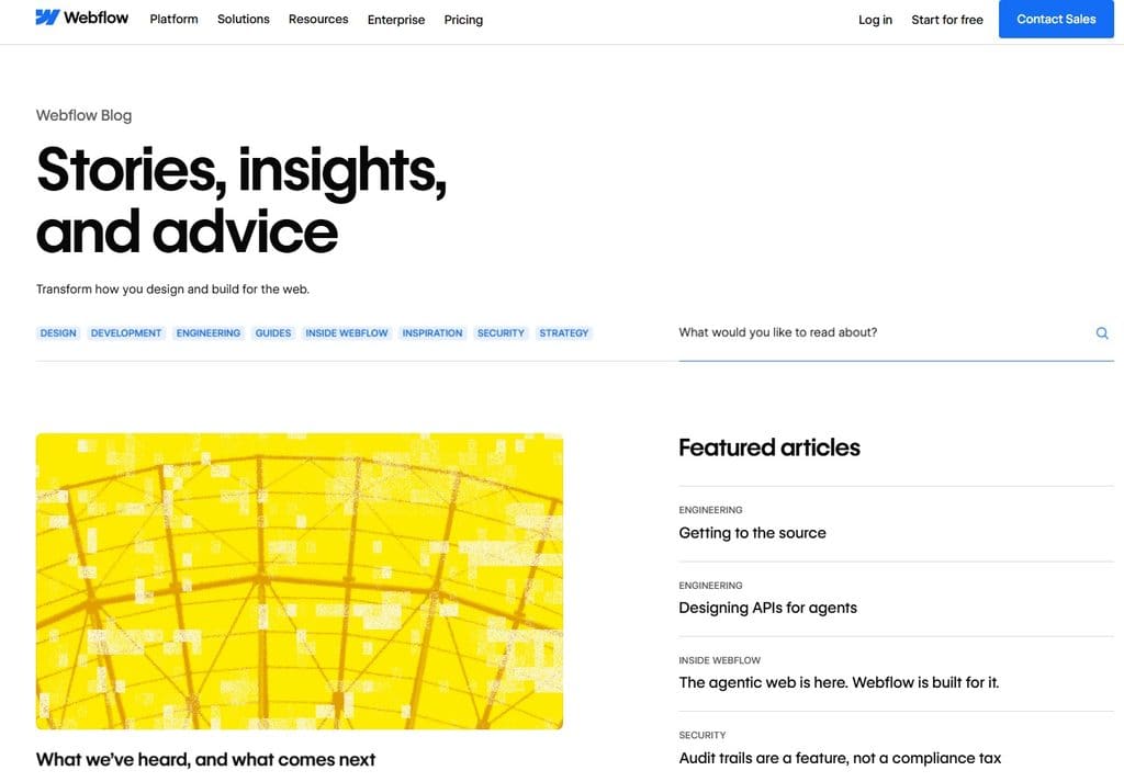 Webflow blog page featuring design, development, and engineering articles