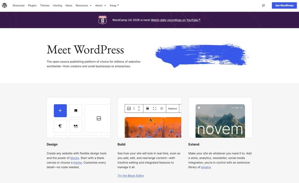 WordPress.org homepage, the best blogging website builder for long-term SEO and site control