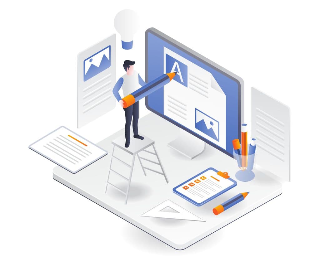 Isometric illustration of a person writing blog content and adding ideas on a large screen