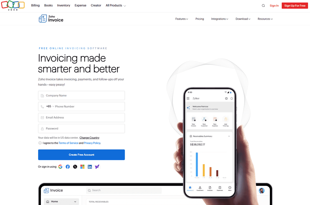 Invoice homepage, a customizable option among the best freelance invoicing software tools