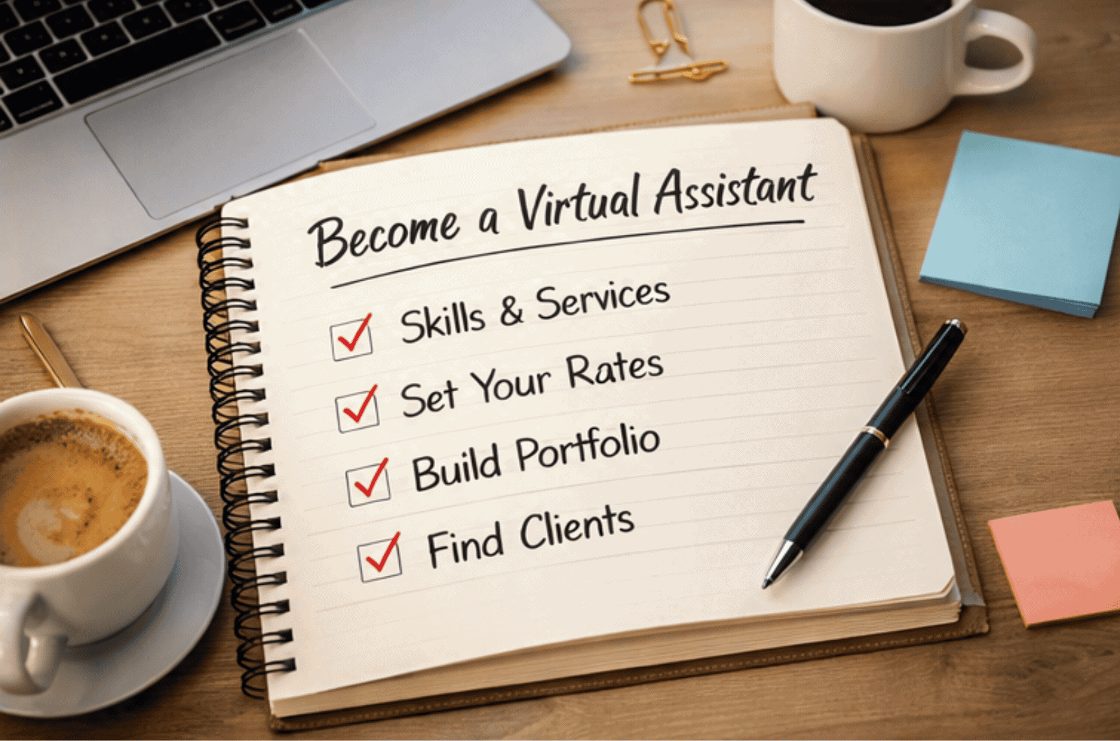 Become a virtual assistant checklist showing skills, services, pricing, portfolio building and finding clients.