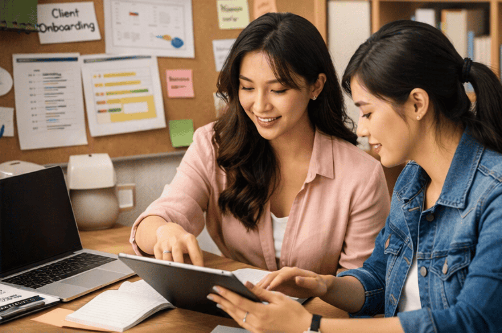 Asian female virtual assistants collaborating on client onboarding and business operations as they build a virtual assistant career.